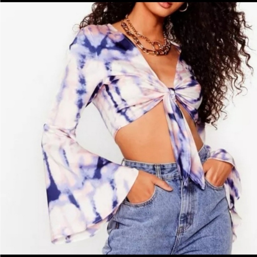 Nasty Gal Flare to Join Us Purple Pink Tie Dye Long Sleeve Cropped Blouse US 0 - Picture 3 of 10